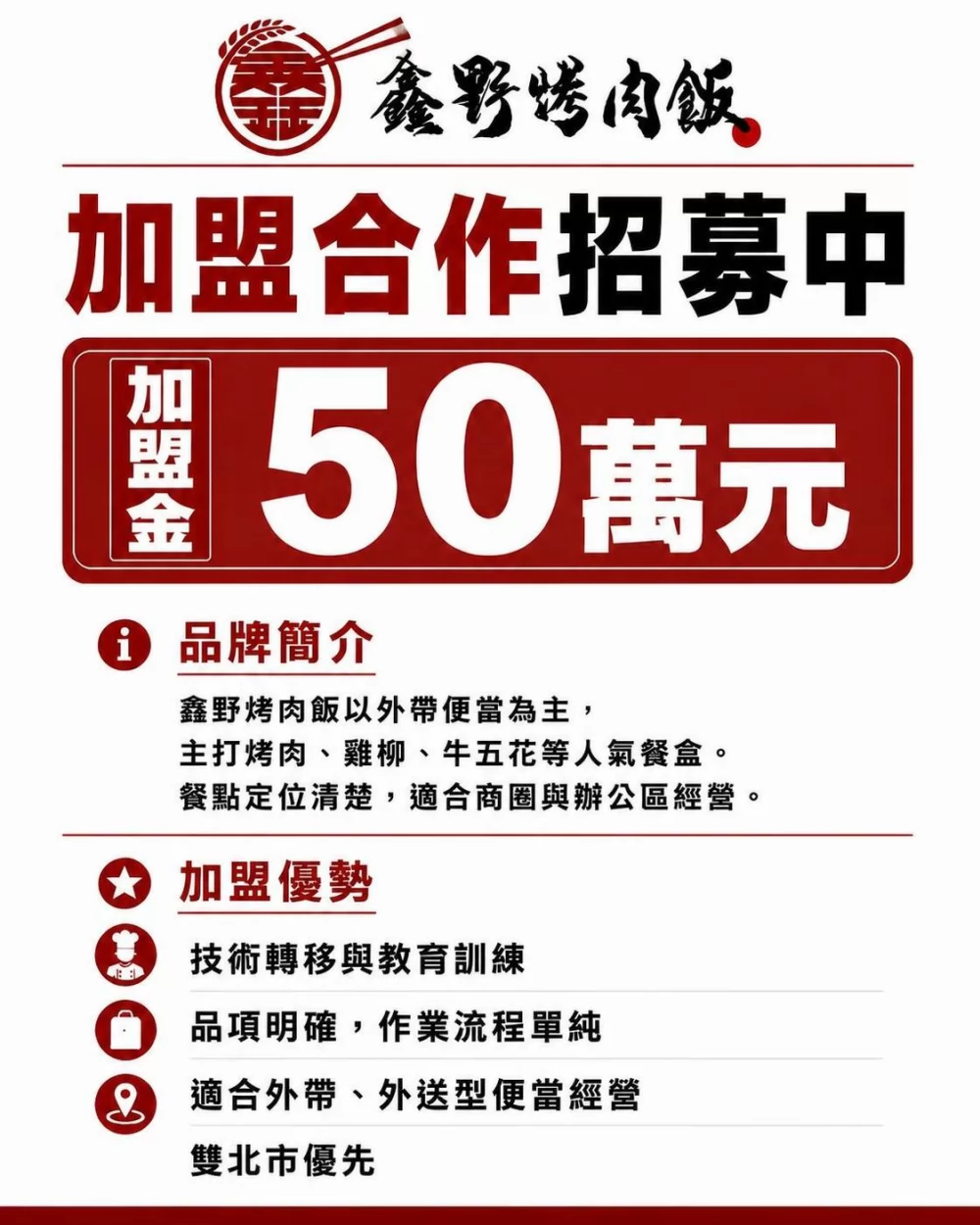 鑫野烤肉飯 加盟優勢